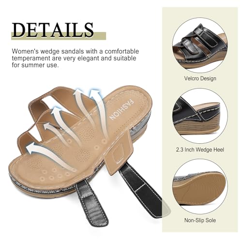 Womens Wedge Sandals Leather, Comfortable Slip On Slides Dressy, Orthopedic Sandals for Women, Open Toe Casua Arch Support Platform ladies Sandal Chunky Shoes2