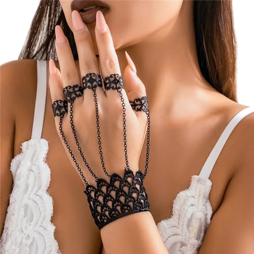 Punk Finger Bracelets with Ring,Rings Bracelets Gothic Link Chain Finger Bracelet Halloween Hand Body Jewelry for Women2