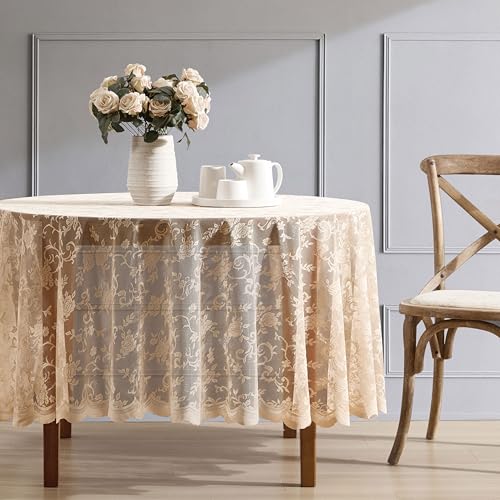 HLC.ME Harper Floral Lace Tablecloth, Round, 90 Inch Round, Linen Taupe