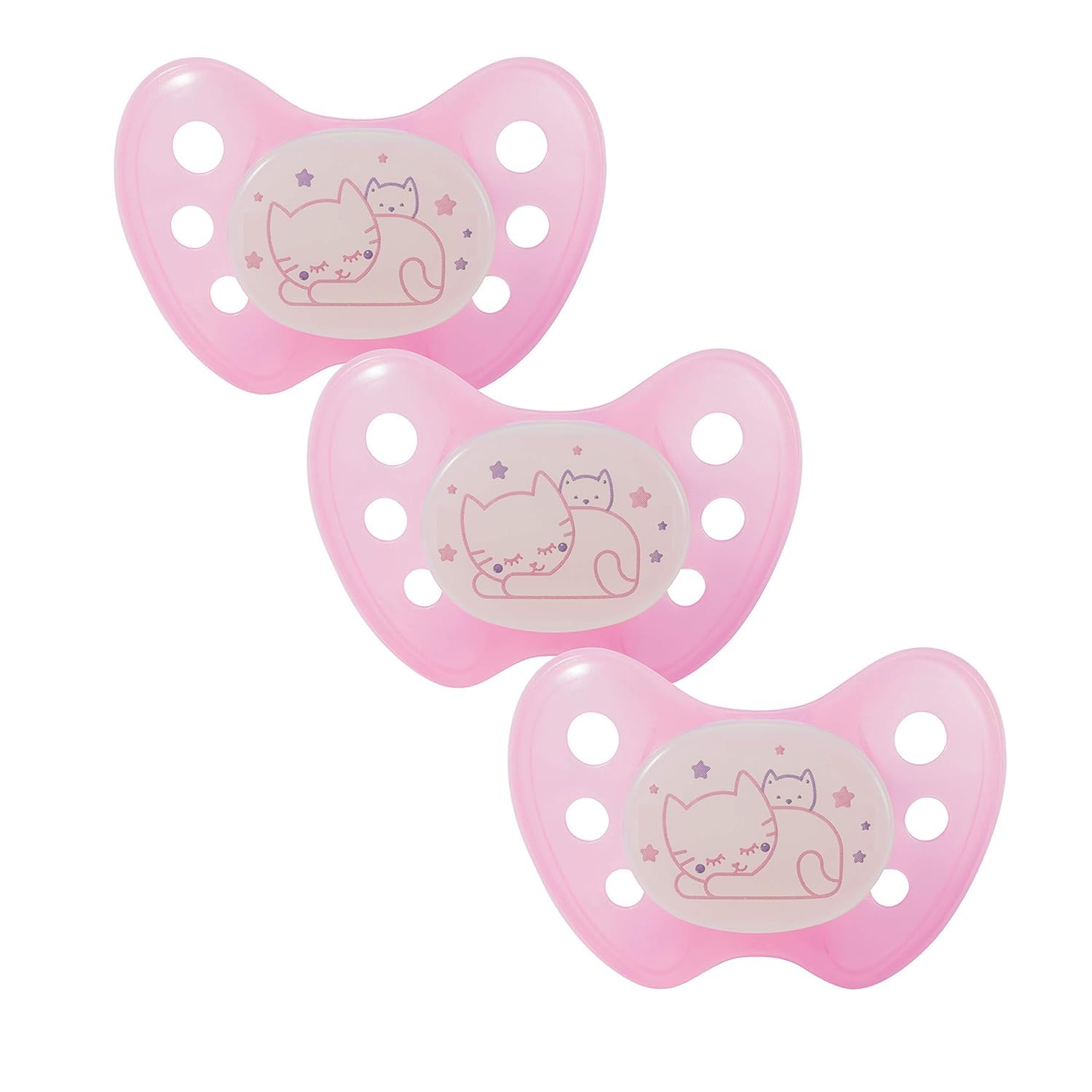 dentistar Night Silikon Schnuller 3er-Set - Größe 1 Schnuller 0-6 Monate - Glow in the Dark Nuckel mit Dentalstufe – BPA-frei – Made in Germany - Katze, Rosa