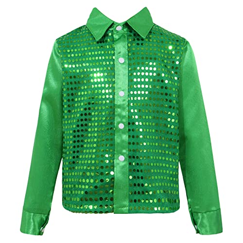 Girls Boys Glittery Sequins Shirt for Hip Hop Jazz Dance Top Long Sleeve Button Down Shirt Halloween Cosplay Costume