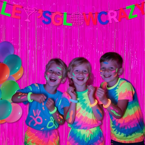 Image of 3 Pack Glow in The Dark Party Supplies, Neon Party Decorations Fluorescent Tinsel Curtains with Let's Glow Crazy Banner, Macaron Fuchsia Photo Booth Backdrop, Neon Glow Birthday Halloween Party Decor