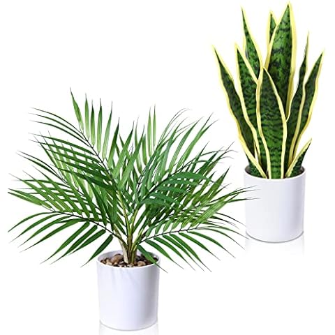 Kazeila 2pcs Artificial Potted Plants,16 in Fake Snake Palm Plants,Beautiful Faux Plants for Bathroom Shelf Bedroom Table Home Office Desk Decoration Cover