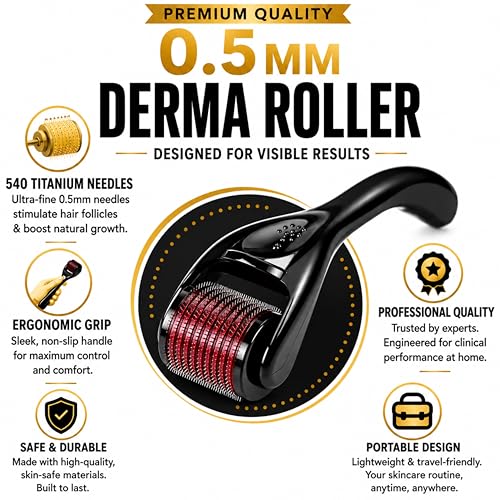 Image of Crescent Premium Derma Roller with 540 Titanium Micro Needles for Beard Regrowth| Hair Regrowth|facial Rejuvenation| Reducing Rrinkles and Stratch Marks| Size: 0.5 Mm|Men & Women| Black| Pack of 1