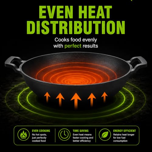 Image of Esspy Pre-Seasoned Cast Iron Kadai with Silicon Handle | 24cm /8.6inch | Kadhai for Deep Frying, Sauteing, Stir Fry, Curry & Indian Cooking | Naturally Non-Stick | Gas, Induction & Oven Compatible