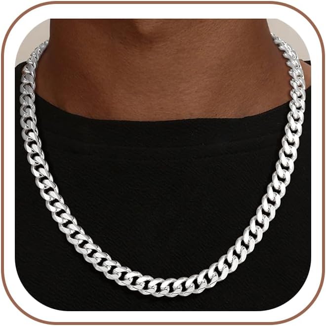HIMSTORY Cuban Link Chain for Men, 925 Sterling Silver Over 9mm/10mm/12mm Chunky Cuban Chain Diamond Cut Silver Necklace Chains Gifts for Men Father Boyfriends