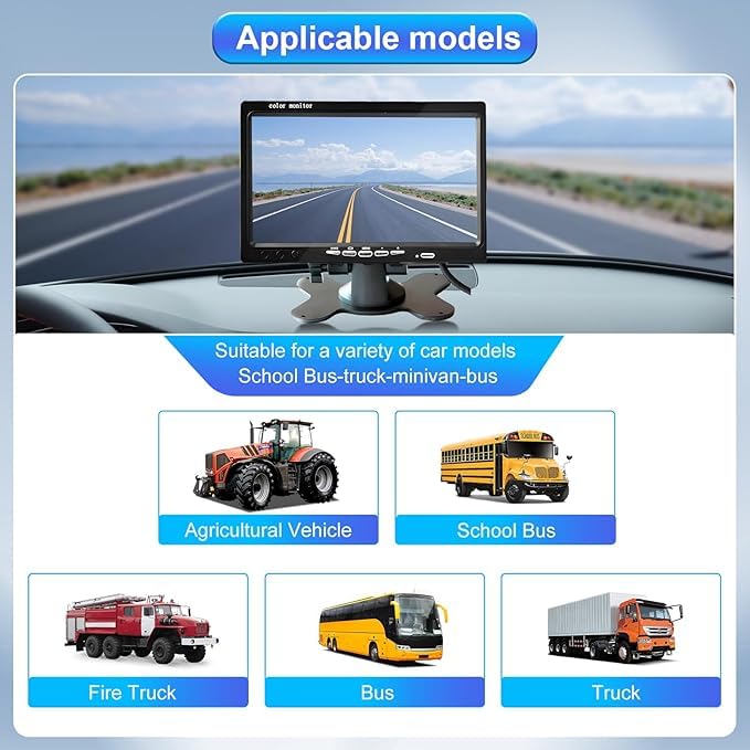 Kit Monitor LCD 7 Pollici TFT + 2 Telecamere IP68 (Frontale e Posteriore, Bianche o Nere) – Display a Colori con Ingresso AV Universale, Sistema Retrocamera Auto, Camper e Camion (Nera)