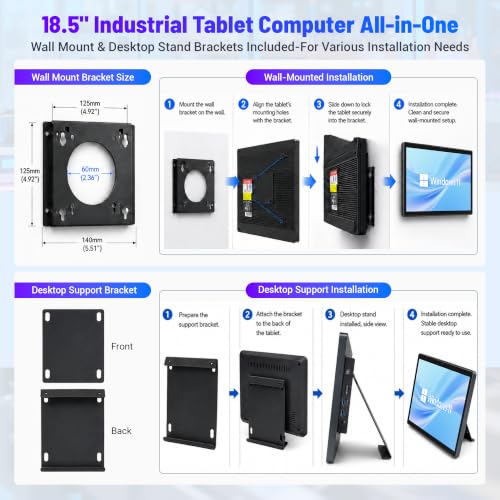 Image of 18.5 inch All-in-One Industrial Panel PC Win11 Pro, Fanless Embedded Panel Computer N100 8GB RAM 128GB ROM Touchscreen Tablet, 1920*1080 IPS, HDMI 2.0, Type-C 3.1 for Office /Automation /Kiosk /Bar /Warehouse