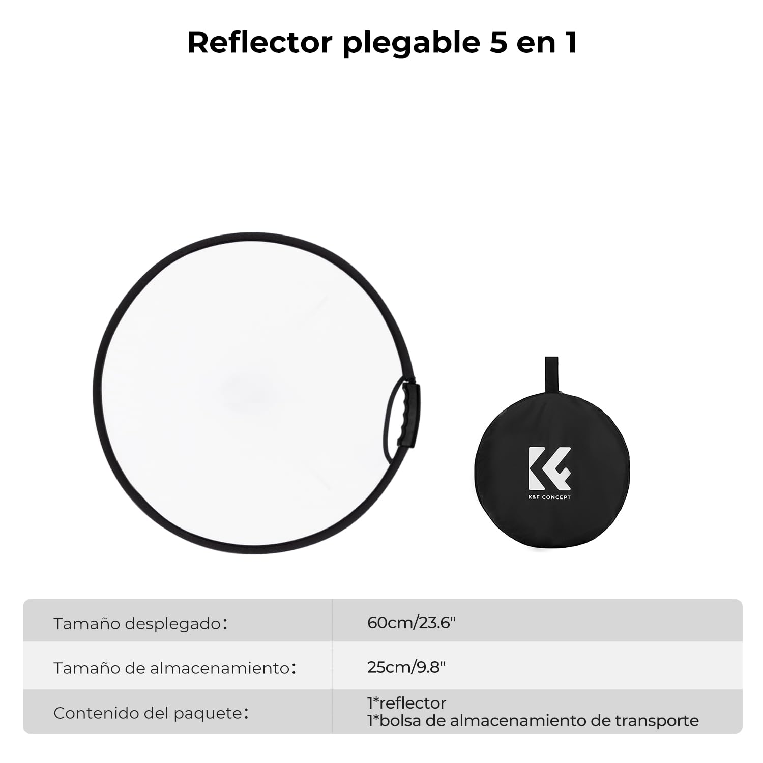 K&F CONCEPT Reflector de Luz 5 en 1 Difusor de Fotografía de 22"(60cm) Colapsable Portátil para Iluminación de Estudio y Exterior Oro Plata Blanco Negro Translúcido