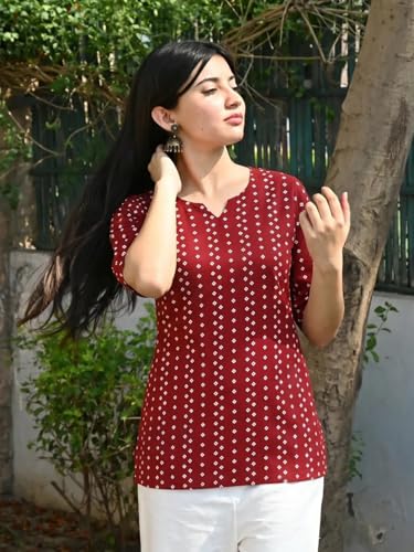 Image of Pinkmint Women's Cotton Blend Printed Short Kurti, Hip-Length Ethnic Tunic for Women, 3 /4 Sleeve Notch Neck, Casual, Office (Available in Plus Sizes & Combo Pack 2)