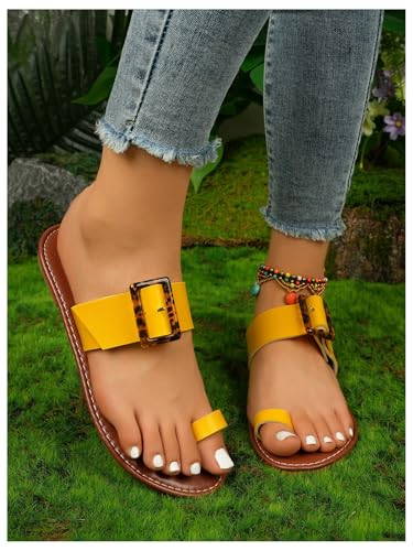 OYOANGLE Women's Toe Ring Slide Sandals Buckle Strap Comfortable Open Toe Slip on Flat Sandals2