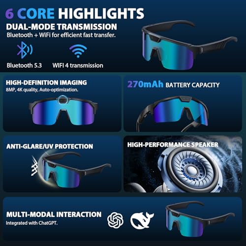 Image of AI Cycling Camera Glasses, 4K Video Recording Sunglasses for Men Women Vlog | UV400 Polarized, AI Translation, Object Recognition & EIS Stabilization, Bluetooth Smart Glasses for Skiing /Hiking /Baseball