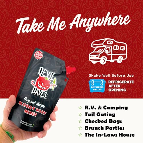 Devil Daves Bloody Mary Mix | Non-Alcoholic Cocktail Mixer, Bold & Briny Medium Heat, 12 oz Reclosable Travel Pouch (Pack of 2)