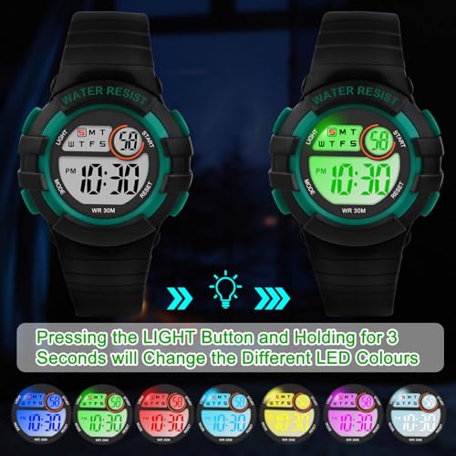 Image of Juboos Kid's Digital Watch for Boys and Girls, Waterproof LCD Digital Sports Kids Watch with 7 Color LED Lights, Stopwatch, Alarm