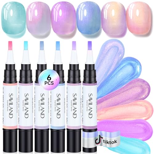 SAVILAND One-Step Gel Nail Polish Pens Set: 6 Pearl Pink Blue Colors 3 in 1 Gel Polish Set Base & Color Gel & Top in a Pen for Aurora Effect Easy to Use Travel 4ml (U V Lamp Needed)