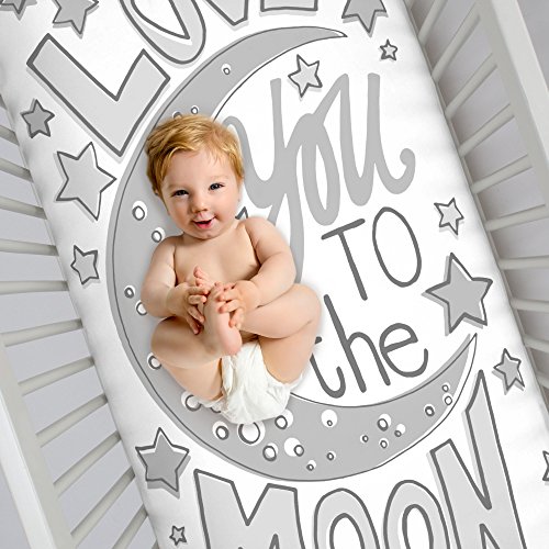 Image of NoJo Photo Op 100% Cotton Fitted Crib Sheet, Love You to the Moon and Back, Gray /White