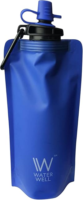 WaterWell Foldable Squeeze Travel Filter Water Bottle 500ml - Purifies Water by Eliminating 99.9% of Waterborne Bacteria & Parasites. 1000 Litres of Fresh Water for Travel, Camping & Sports