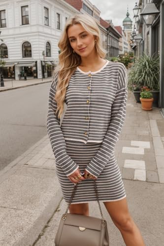 Image of Sumleno Womens 2 Piece Striped Sweater Skirt Sets Trendy Button Down Long Sleeve Knit Cardigan Tops Bodycon Mini Skirt Set