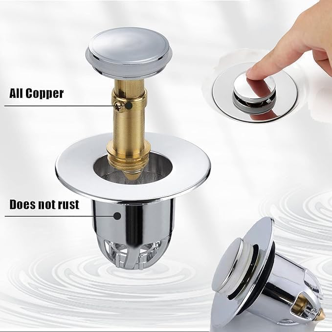 Image of Plastic Pop-Up Sink Drain Stopper with Hair Catcher - Universal Push Button Filter for Bathroom, Kitchen, Wash Basin & Bathtub - Anti-Clog, Corrosion Resistant. (1)