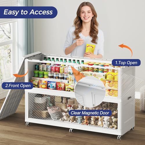 Image of 150 Gallon Extra Large Collapsible Storage Bin with Lid, 960QT Stackable Plastic Organizer with 6x Wheels, Foldable Drawer Cabinet for Closet, Living Room Office, Kitchen 3Pack, White
