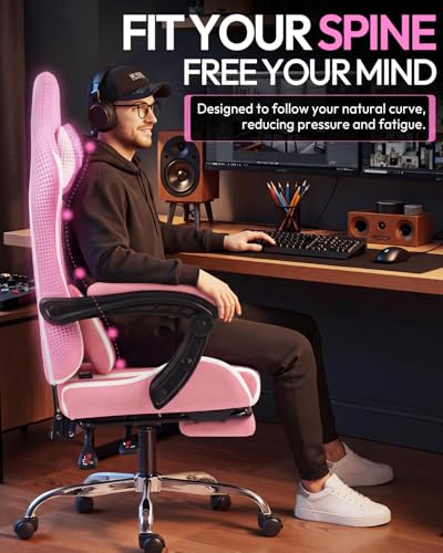 Image of Dowinx Ergonomic Gaming Chair with Footrest & Massage Lumbar, 2D-Linkage Armrests for Computer Chair 330lbs with Headrest Pillow for Office, Home, Streaming and Long Gaming Sessions, Fabric Pink White