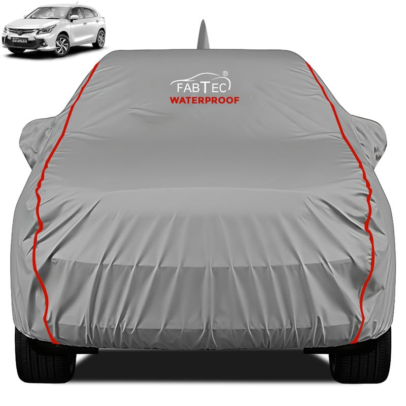 FABTEC Waterproof Premium Car Cover for Toyota Glanza New Super Waterproof Car Body Cover Heavy Duty Durable PEVA Grey with Red Piping