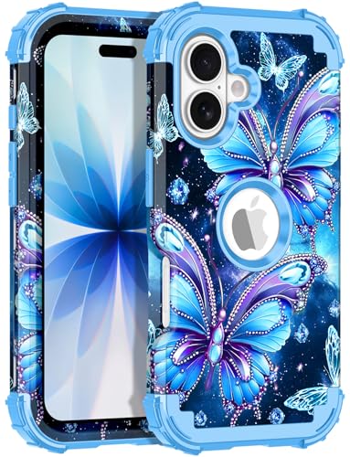 LONTECT for iPhone 17 Case Glow in The Dark Three Layer Heavy Duty Shockproof Hard PC+Soft Silicone Rugged Full Body Protective Case for Women Girls,Sky Blue