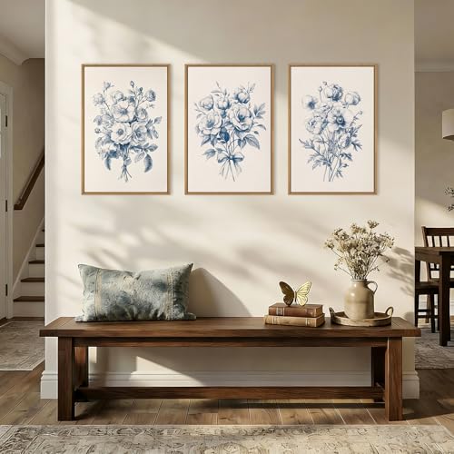 Image of KAIRNE Navy Blue Floral Framed Canvas Wall Art Set,Vintage Botanical Flower Wall Decor,Modern Minimalist Bouquet Art Prints,Neutral Rose Artwork for Living Room,Bedroom,Farmhouse,Office-24 x36 x3