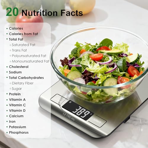 Image of Ultrean Smart Food Kitchen Scale with Nutritional Calculator, App for Macro & Calorie Tracking, AI Scan, Digital Grams and Ounces for Weight Loss, Rechargeable, Stainless Steel, 33lb /15kg