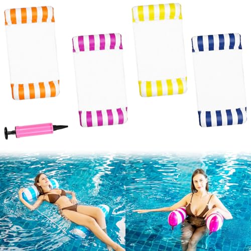 4pcs Hamac pour Piscine,Pliable Flottant Hamac Gonflable,4 in 1 Matelas Filet Piscine Gonflable,Hamac à Eau avec Filet et Pompe à Air,Adultes et...
