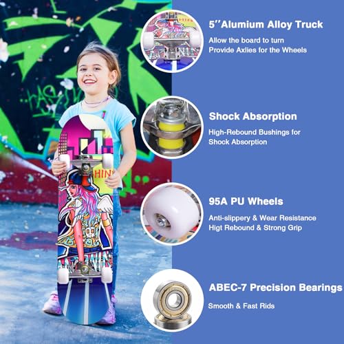 Image of Skateboards for Beginners Kids Boys Girls and Adults,31''x8'', 7-Layer Maple, Double Kick Concave, Fascinating Cool, Solid&Durable