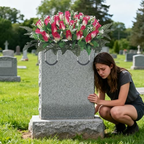 Artificial Cemetery Flowers for Grave,Headstone Flower Saddle for Grave Tombstone Decorations (1, Rose Red) image 7
