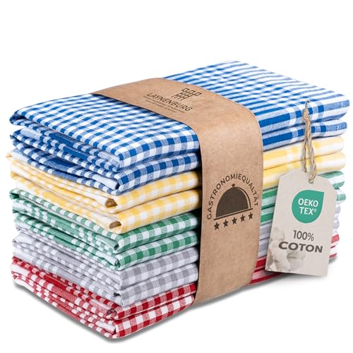LAYNENBURG Lot de 10 torchons de Cuisine à Carreaux 100% Coton - Certifié Öko-Tex Standard 100-50x70 cm - avec Cintre - Non Pelucheux et Modernes -...