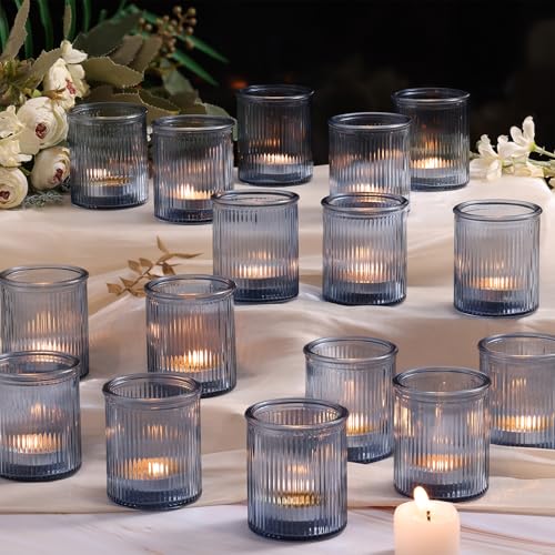 NITIME 32Pcs Ribbed Blue Votive Candle Holders, Tea Light Candle