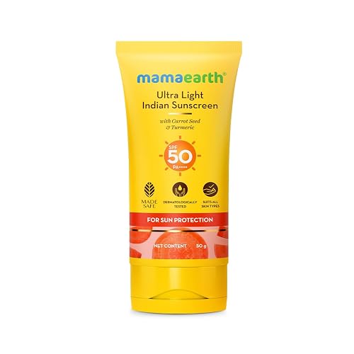 Mamaearth Ultra Light Indian Sunscreen with Carrot Seed & Turmeric | SPF 50 PA ++++ | UVA & UVB Protection | Tan Protection | No White Cast | Non-Greasy & Quick Absorbing | Super Lightweight | Suits All Skin Types | In-Vivo Tested | 50 g