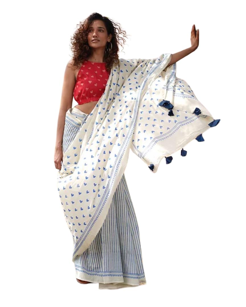 White & Blue Handblock Print Saree with Tassel Pallu, Lightweight Linen Cotton Saree for Women-image-27