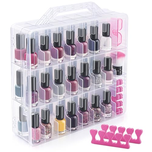 DreamGenius Organiseur portable transparent pour 48 bouteilles, double face et couvercles verrouillables, support de rangement pour vernis à ongles gel,...