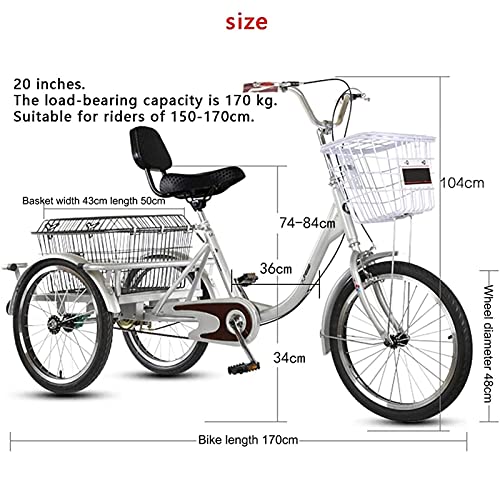 Dreirad für Erwachsene Dreirad für Erwachsene 1-Gang-Trikes 20 Zoll 3-Rad-Fahrräder Dreirädrige Fahrräder Cruise mit Rückenlehne Einkaufskorb für Senioren, Damen, Herren (Rot) – Bild 3