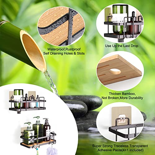 Keebofly Shower Caddy Bathroom Shower Organizer Shelf With Hooks,2 Pack,Shower Rack Self Adhesive Hanging,Rustproof Bamboo Basket,No Drilling Shower Storage Holder For Bathroom Shower Kitchen Black #TOP2