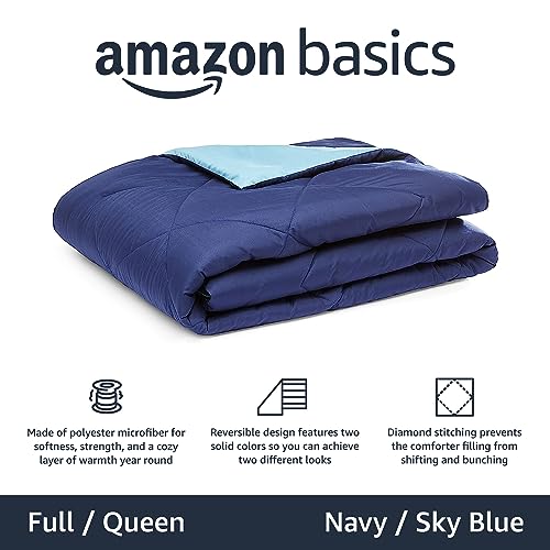 Image of Amazon Basics Soft Reversible Lightweight Microfiber Comforter, Washable, Warm All Season Blanket, Full /Queen, Navy /Sky Blue