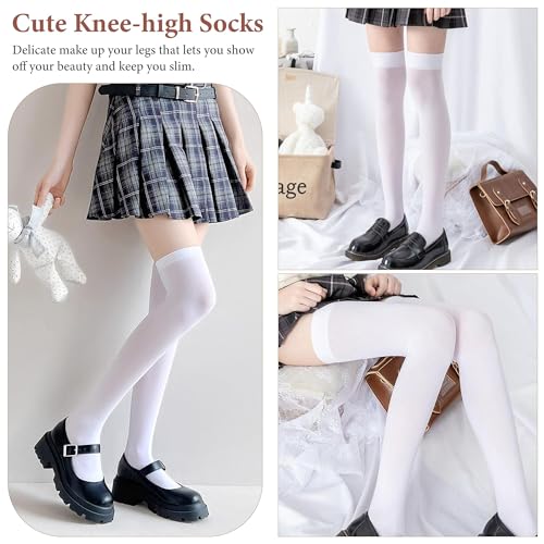 Image of Women's White Thigh High Socks - Opaque Over the Knee High Stockings with Anti-Slip Silicone Band, Soft Velvet Elastic Long Socks for Lolita, Cosplay & Daily Wear