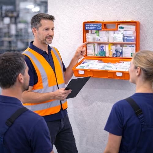 Maleta de primeros auxilios – DIN 13157:2021 según la norma actual – Incluye soporte de pared, pegatinas – Botiquín de primeros auxilios probado - imagen 7