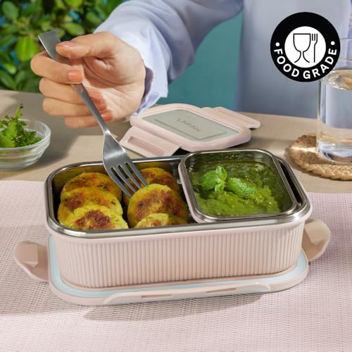 Image of Larah by BOROSIL Freshbyte Stainless Steel Lunch Box | 800 ml + 200 ml Rectangle Container Set | Airtight, Dishwasher Safe Tiffin | Portable Kids Tiffin | 1 Year Warranty (Beige)