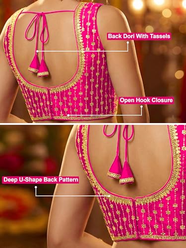 Image of TRENDMALLS Women's Dhupion Silk Embroidery Sequence Work V Neck Sleeveless Blouse Choli Stylish Saree Blouse Ready to Wear