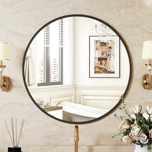 Image of Sweetcrispy 20-inch Black Round Wall Mirror, Circle Bathroom Mirrors with Metal Frame, Wall-Mounted Mirrors for Living Room, Bathroom, Entryway