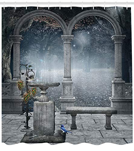 ABAKUHAUS Gothic Shower Curtain, Fictional Middle Age Mythical Stone Bench Balcony Building with Hummingbird Graphic Print - Image 2