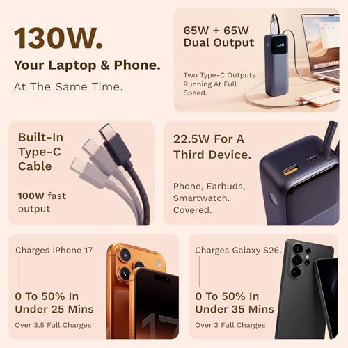 Image of GRAVL Forge 130, 20000mAh Laptop Power Bank, 130W Fast Charging, iPhone Android, Flight Safe, Type-C Cable, Smart Display (Gray)