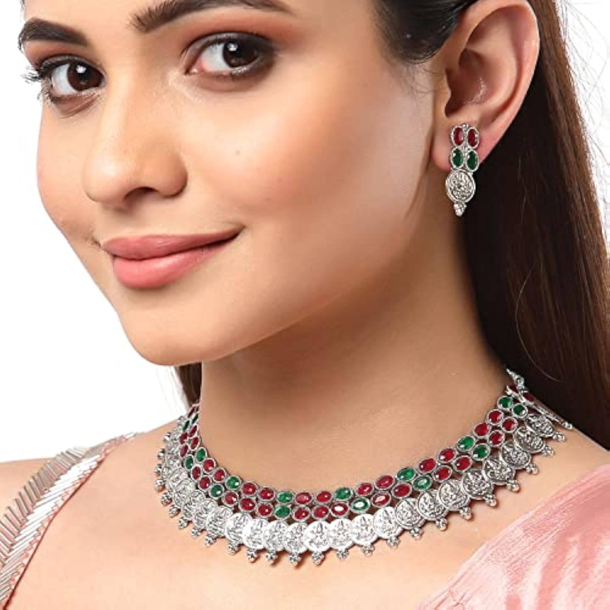Antique Oxidised Silver-Plated Temple Coin Necklace Set with Earrings