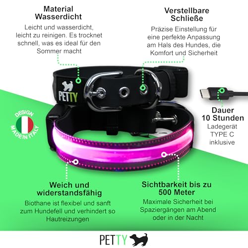 Petty Italia Verstellbares Hundehalsband aus Biothane mit LED, Nachtleuchtendes Halsband aus Biothane mit PVC und wiederaufladbarem Akku (Grün, L)