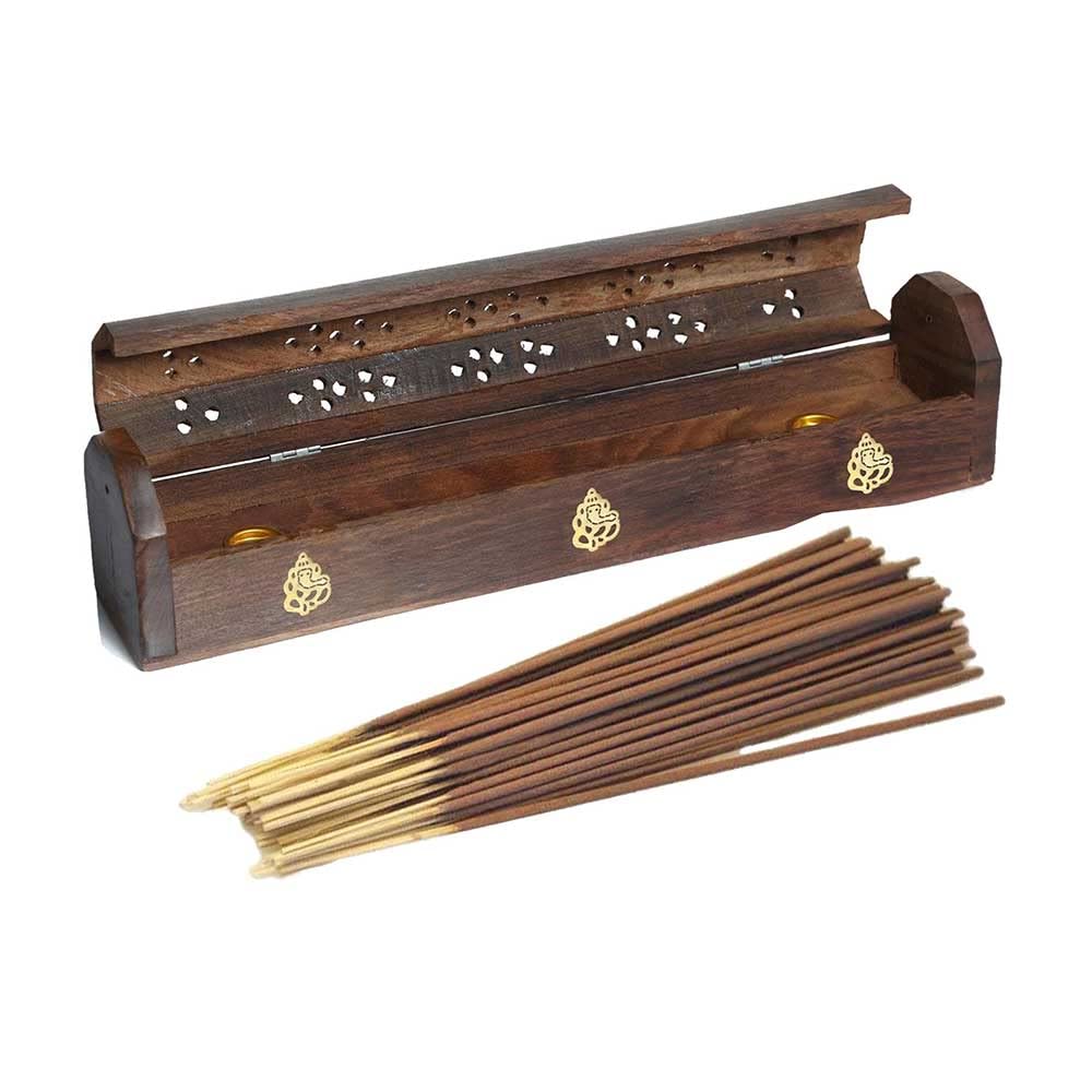 VR Angel Wooden Incense Stick Holder Storage Box With 10-15 Incense Sticks, Handmade Brown Coffin Box, Ash Catcher With Brass Inlay, Perfect for Any Occasion (Ganesha Design) — image 1